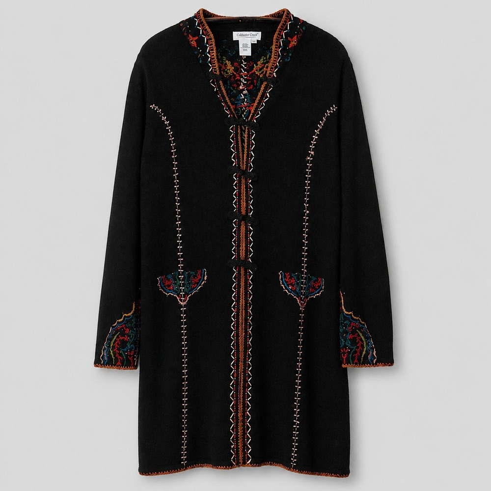 Coldwater Creek Cardigan Duster XL Black Embroidered Beaded Artsy Boho Eclectic - Picture 1 of 9